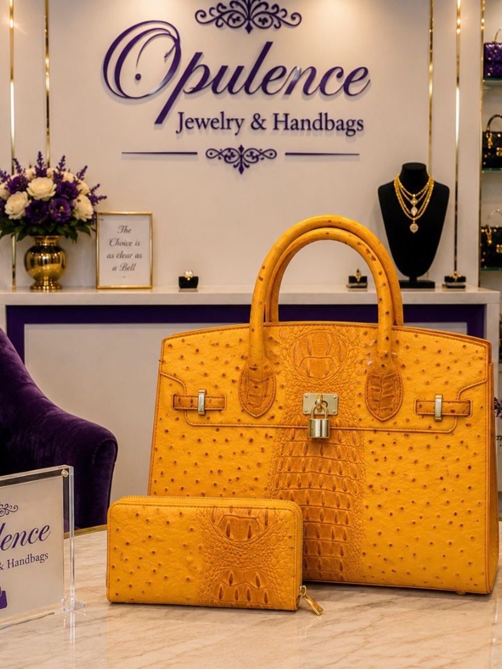 Mustard Yellow Ostrich-Effect Tote & Wallet Set